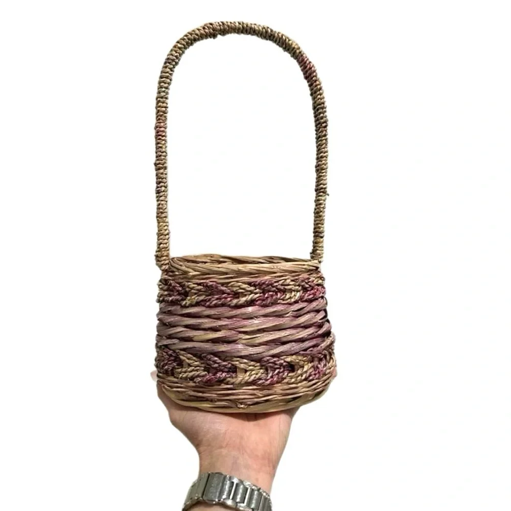 Vintage Basket Cottage House Tall Arched Handle Wicker Woven Twist Design 13x6”